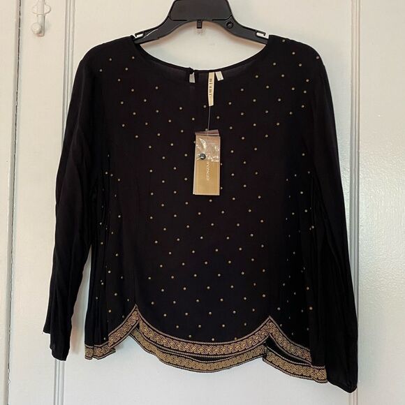 NWT Francesca's Black Blouse Top with Gold Embroidery and Details Size Large - Picture 1 of 9